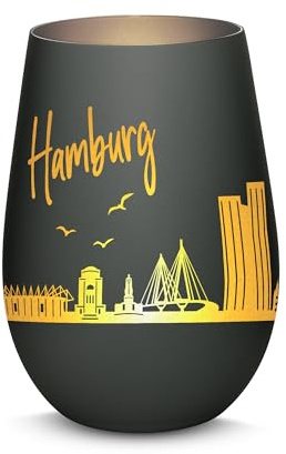 Gravur-Max Windlicht mit 360° Gravur Skyline Hamburg Deko Glaslicht als tolles Geschenk mit Einer hochwertigen Lasergravur zu jedem Anlass in der Farbe Schwarz/Silber