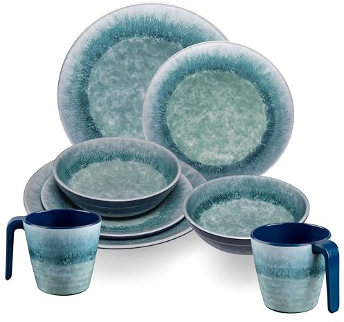 Melamin Geschirr Set Adria Blue für 2 Personen - 8 Teile Blau - mit stapelbaren Tassen Steingutoptik Essgeschirr Campingzubehör Campinggeschirr Wohnwagen Camping Festival Picknick Gartenparty