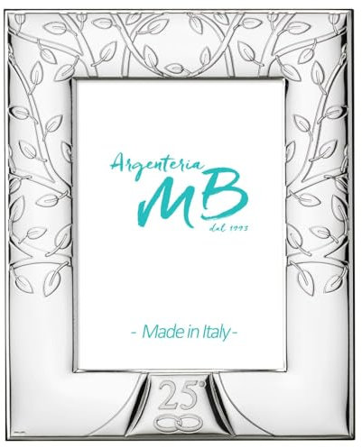 Cornice Nozze d'Argento Portafoto per Il 25 Anniversario di Matrimonio con Albero della Vita, Realizzata in Argento PVD, Retro in Legno cm 10 x 15
