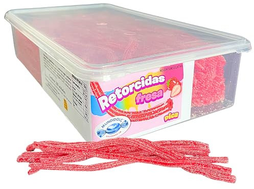 MUNDIDOLÇ Retorcidas de Azúcar Sabor Fresa. Chuches Acidas. 200 Unidades de 4 Sabores Distintos. Golosinas y Chucherias. Chuches Cumpleaños y Chuches Halloween. Gominolas Halloween