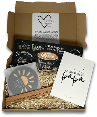 Frühstücksbrettchen Geschenkset „Guten Morgen Papa“ – Energie tanken | Geschenk für Papa mit Frühstücksbrettchen, Untersetzer und Halter, Vatertag, Geburtstag, liebevolle Bestärkung