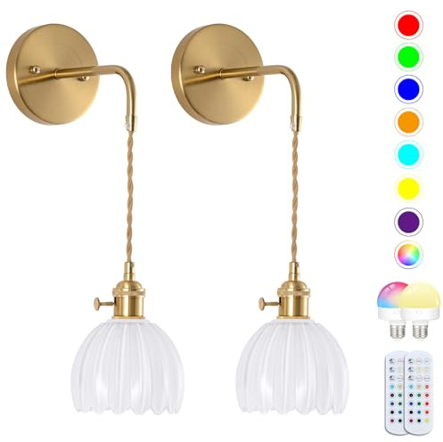 Vintage Battery Operated Wall Sconces Sets Of Two, Indoor not Hardwired Milky White Tulip Glass Lampshade Fixtures, Rechargeable Wireless RGB Wall Lights with Dimmable Remote, for Bedroom Living Room
