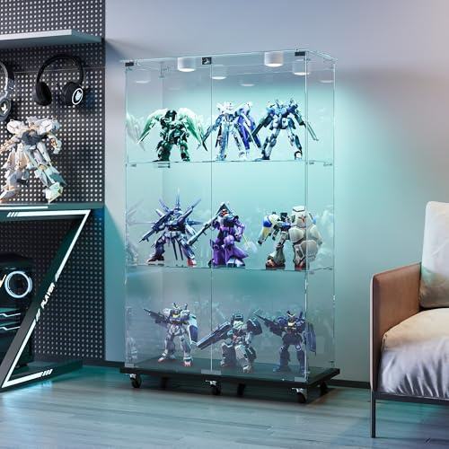 Glasvitrine mit LED-Beleuchtung & Rollen in Schwarz,123.3 x 35 x 78.5cm,Modern Glas Holz Vitrine 3-Lagen & 2 Türen Glas Vitrine Vitrinenschrank,Glasvitrine Standvitrine für Büro Wohnzimmer Küche