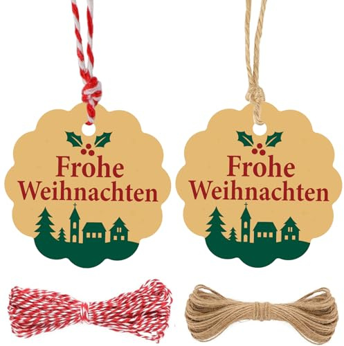 G2PLUS Braun Frohe Weihnachten Geschenkanhänger: 6cm Weihnachtsanhänger mit Schnur, 100 Stk Geschenkdeko Papieranhänger für Weihnachten, Xmas Dekoration, Festliche Geschenkverpackung