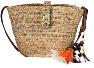 MODELISA - Bolso Bandolera De Hombro Capazo Rafia Paja Tejido Borlas Decorativas Estilo Bohemio Para Mujer (Verde)