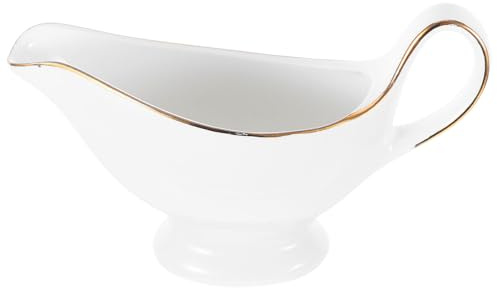 Besportble Keramik Sauciere Weiß Mit Goldrand 6.69X3.94X1.97In soßEnbehäLter Mit Unterteller Tropffrei FüR KüChe Restaurant Party Serviergeschirr