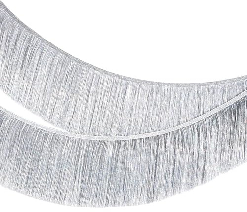AURALIN Lametta-Fransengirlande Silber 2er-Set je 2 m×20 cm metallisch | Metallische Glitzerdeko mit 4 m Gesamtlänge für Partywände Fotohintergründe Silvester Geburtstage Karneval und Feiern