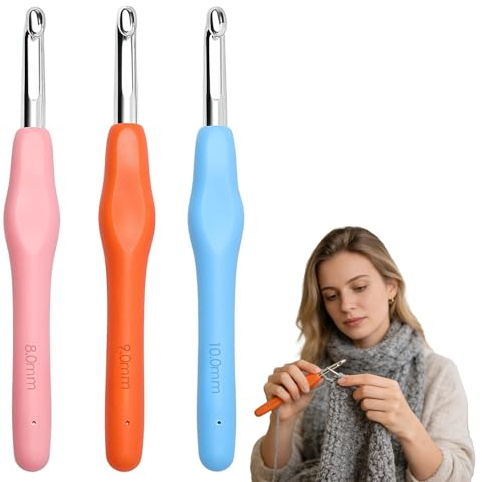 3er Häkelnadel 8/9/10mm Set, weiche Häkelnadeln für dicke Wolle | Ergonomisches Häkelset, präzise Häkelnadel 8/9/10mm, schonender Soft-Griff zu Decken sowie Chunky-Garn