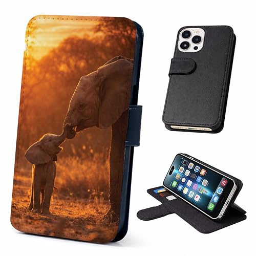 Elephant and Calf Wallet Phone Case Flip Cover Compatible with iPhone SE, 7, 8, X, XR, 11, 12, 13, 14, 15, 16, 16E, 17 (Air, Plus, Mini, Pro, Max Models) – Faux Leather African Elephant Sunset