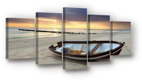 Visario Leinwandbild 5-teilig 100x50 cm 6403 - Boot am Strand bei Sonnenuntergang - Ruderboot, Buhnen und Meer - Wandbild-Set fertig aufgespannt auf Holzrahmen