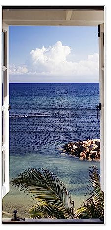 banjado® Magnettafel 37 x 78cm / Magnetwand aus Metall/Magnetpinnwand als Memoboard/Pinnwand Magnettafel Küche, Büro, Kinderzimmer inkl. 4 Magnete & Montageset - Motiv Fensterpanorama