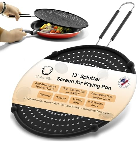 Beckon Ware Silicone Paraschizzi Cucina coperchio – Antispruzzo 33 CM Raffreddamento, Pannello di Drenaggio. Copripentola Antiaderente, Sicuro per Alimenti Termoresistente, nero