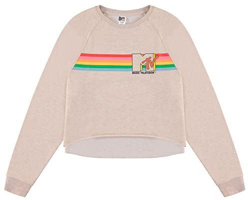 MTV Sweatshirt für Damen – 90er Jahre Grafik Oversized Raglan Pullover – I Want My Logo Fleece Top, Beige, XL