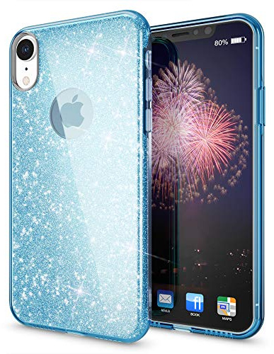 NALIA Glitter Case for iPhone XR - Sparkling Bling Look & Grip, Cyan | Smooth Touch & Camera Guard, Perfect Fit Check, Sparkling Glamour Effect, SHINEPOP