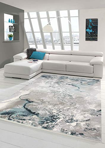 Wollteppich Marmorteppich Moderner Teppich Abstrakt in Grau Blau Creme Größe 120x170 cm
