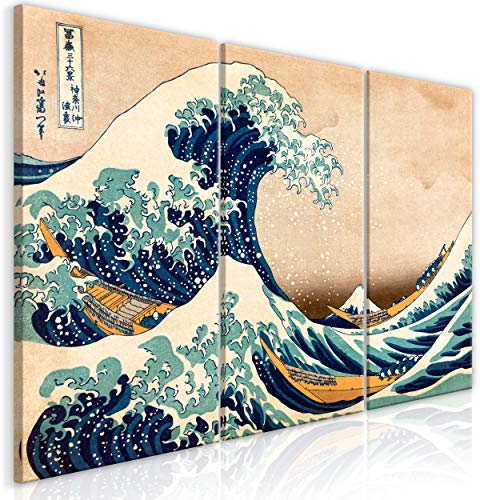 decomonkey Bilder Katsushika Hokusai 120x60 cm 3 Teilig Wandbild Groß Leinwandbild XXL Deko Wohnzimmer Schlafzimmer Büro Wanddeko Leinwand Pictures For Wall Poster Die große Welle vor Kanagawa