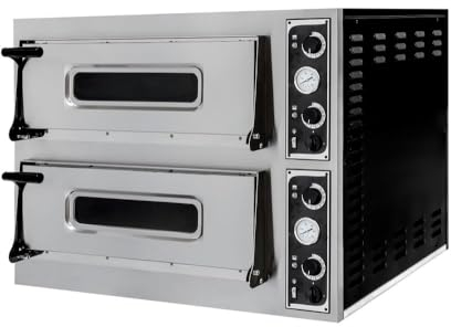 HENDI Pizzaofen, Basic 44, Doppeldeck, 4 Pizzas (ø32cm) pro Kammer, Gastrobackofen, 2 Kammern: 2x 660x660x(H)140 mm, Temperaturbereich: 45°C bis 455°C, 400V, 9400W, 975x814x(H)860mm, Edelstahl