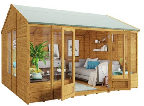 BillyOh Petra 12x10 Reverse Apex Summer House Shed, Log Cabin | Wooden Garden Room with Wide Double Doors, Tear Resistant Felt, Tongue and Groove Construction | Versatile Tiny Home or Garden Office