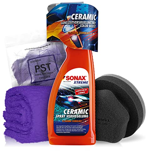 Versiegelungs Set: Sonax Xtreme Ceramic Spray Versiegelung Auto Lackpflege Sprühversiegelung 750ml + ChemicalWorkz Hand Wax Applikator + ChemicalWorkz Premium Poliertuch 500GSM | 3-teiliges Sparset