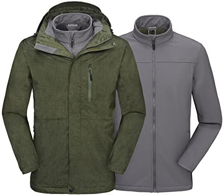 Mapamyumco Herren 3-in-1 wasserdichte Skijacke Windjacke Winterjacke Fleecefutter Regen und Schnee Outdoor-Wandern Grün L