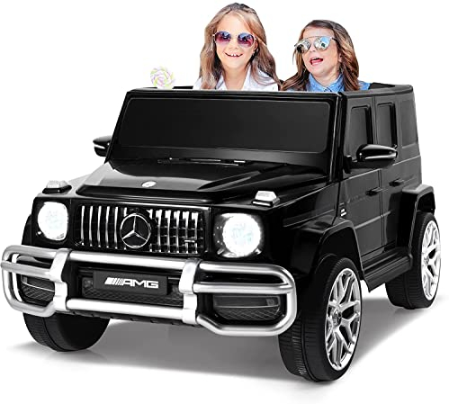 FINOOS Voiture électrique Enfant 2 Places Mercedes G63 AMG 4X4, 2x12V 7Ah Batterie Double siège - avec télécommande - Siège en Cuir et pneus EVA (Noir)