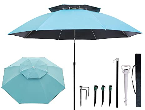 GRANDMEI Parasol de plage, grand abri pare-soleil, parasol de terrasse portable coupe-vent avec ancre de sable pour jardin, piscine, pêche, Bleu 2, 80 inches