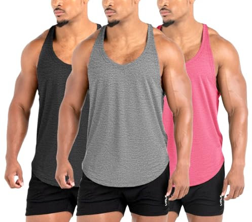 Lehmanlin Débardeur Homme Sport Musculation,Marcel Debardeur Homme Musculation Stringer, Chemises à Séchage Rapide(Lot de 3 : Rose + Noir + Gris, L)