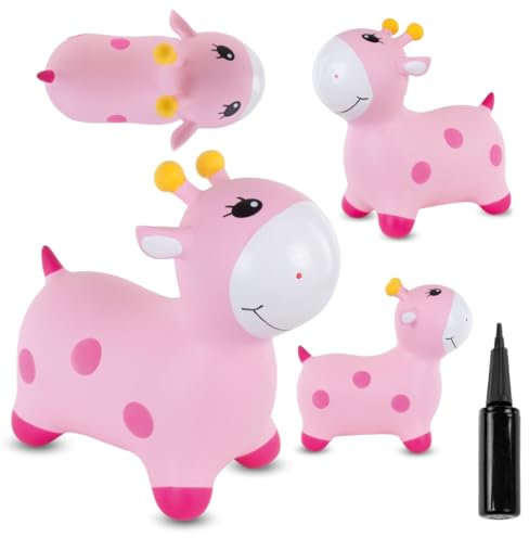 sun baby Animal Sauteur Gonflable, Jouet Enfant 1 an pour l'intérieur et l'extérieur, Design Ergonomique, Pompe Manuelle Incluse (Girafe Rose)