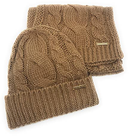 Michael Kors Schal/Mütze SET I Winterschal I Beanie I Wollschal I Wintermütze I One Size I Zopfmuster I Weiche Acrylwolle I Logo I Geschenkverpackung (Braun)