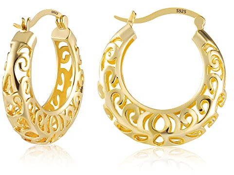 14k Vergoldete Creolen Ohrringe für Damen - Filigrane, Kleine Hohle Ovale Klobige Kreolen - Hypoallergene Sterlingsilber 925 Gold Ohrringe für Frauen