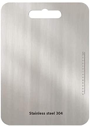 Tabla de cortar de acero inoxidable 304, tabla de cortar para camping, antibacteriana, higiénica, duradera, con orificio para asa, fácil cuidado, diseño moderno y atractivo con escala