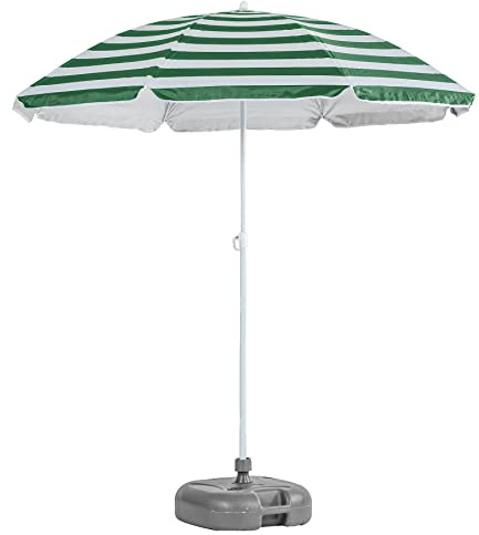 Harbour Housewares Green Striped Beach Parasol with Base - 1.74 x 1.93m - UPF 50+ Portable Garden Umbrella with Grey Base Lightweight UV Sun Protection Umbrella for Picnics, Garden and Beach Days