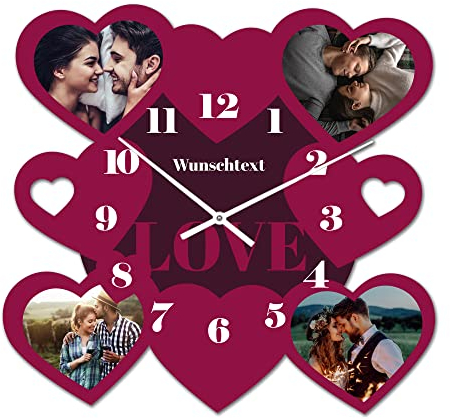 PhotoFancy® - Fotouhr aus Kunststoff - Uhr mit Foto Bedrucken - Wanduhr mit eigenen Fotos gestalten - 35 cm - Zeiger Weiß - Layout Herzen