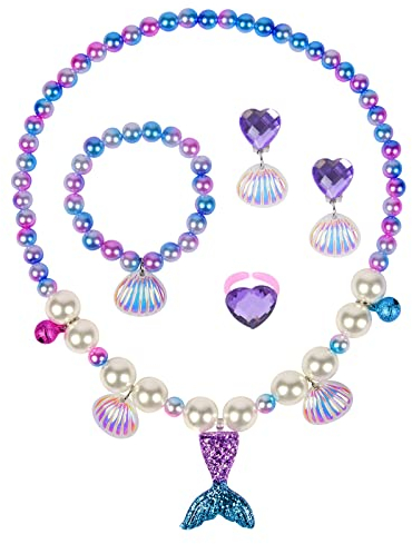 OSDUE Bijoux Enfants Fille, 5 Pièces Sirène Ensemble de Bijoux Petites Filles Collier Bracelet Bague Boucles d'oreilles Princesse Fantaisie Cadeaux de fête Cadeau pour Fille Jeu D'habillage