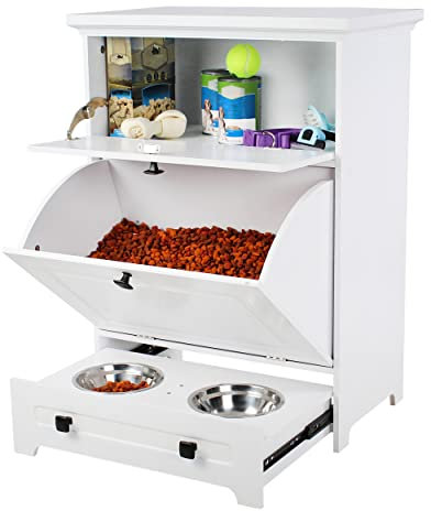 MiMu Raised Dog Bowl Stand with Dog Food Storage Cabinet - White Dog Feeder Station with Storage - Cat Feeding Station Furniture - Pet Feeder Station Storage Cabinet - Dog Food Bowl Stand