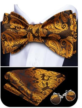 YOHOWA Seidenset Fliege und Einstecktuch Manschettenknöpfe Set für Hochzeit Party Smoking Herren Jungen, Hellgoldenes Paisleymuster, Einheitsgröße