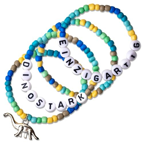 Papierdrachen 4 Perlen-Armbänder in sanften Pastelltönen - mit Dino-Anhänger - tolle Geschenkidee für Kinder - DINOSTARK und EINZIGARTIG - schönes Accessoire - Set 3