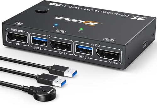 Commutateur KVM USB 3.0 Displayport 2 ports 8K à 30 Hz 4K à 144 Hz, commutateur KVM 2 PC 1 moniteur prenant en charge DP1.4 compatible avec D1.2, avec 4 ports USB 3.0 pour claviers et souris, etc.