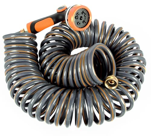 Flexibler Wasserschlauch, Spiralwasserschlauch, leicht und knickfrei, für Spiralschlauch mit 1,9 cm Messinganschluss, Düse mit 10 Mustern, Grau und Orange, 15,2 m