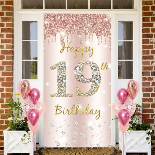 19. Geburtstag Mädchen Deko, Türdekoration Roségold, Stoff Schild Durch Hängendes Plakat, 19. Geburtstag Hintergrund Banner Party Willkommensschild
