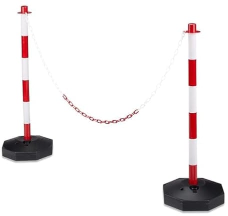 API set 2 Paletti di Delimitazione in Plastica con 2,5 metri di Catena Bianca e Rossa - Barriera di Sicurezza per Zone di Accesso, Ideale per Segnalazione, Eventi e Cantieri