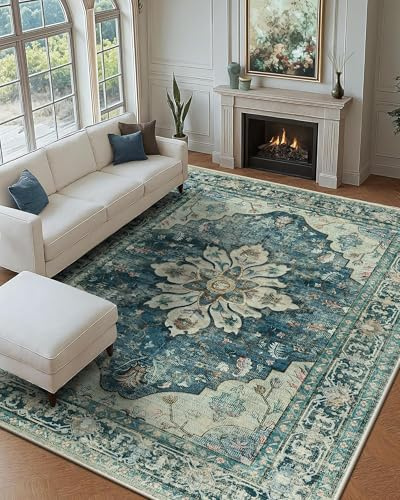 RELEANY Area Rugs Teppich, waschbar, rutschfest, florales Vintage-Used-Muster, Medaillon-Teppich für Wohnzimmer, Schlafzimmer, Esszimmer, Dunkelblau, Vintage, 22,9 x 30,5 cm