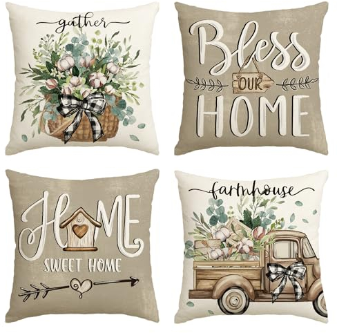 Artoid Mode Eukalyptus Blätter Blumenkorb LKW Frühling Kissenbezüge 4er Set, 45x45 cm Lastkraftwagen Zierkissenbezug Cushion Cover Wohnzimmer Deko