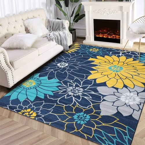 Auton Maschinenwaschbarer Blumen-Wohnzimmerteppich Flächenteppich für Schlafzimmer Rutschfester Flacher Küchenteppich Kinderzimmerteppich, für den Innenbereich im Esszimmer Büro, Blau 160 x 230 cm