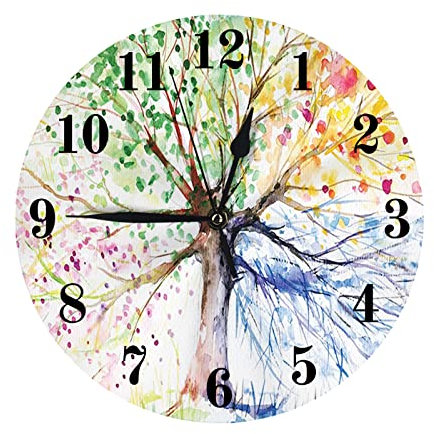 djfhwvjxt Orologio da parete ad albero Orologio da parete a batteria Stile acquerello Albero con rami colorati in fiore Silenzioso senza ticchettio Orologio da parete per camera da letto Orologio da