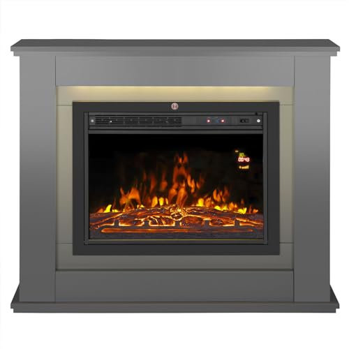 Electric Fireplace Remote Control LED Log Fire Complete Modern Mantle (Complete Set Grey)