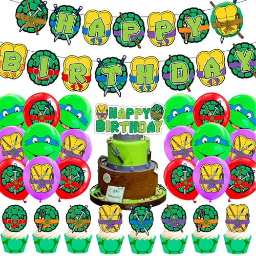 Doyomtoy Tur-tles Thema Geburtstagsparty,Schildkröte Party Dekorationen,44 Stück Kinder Birthday Decorations Jungen Mädchen Geburtstags Deko,Banner,Tur-tles Latexballon,Cupcake Toppers