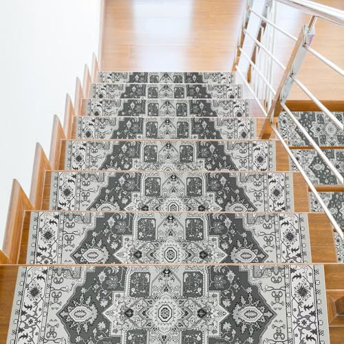 famibay Tappeto antiscivolo per scale, per interni, per gradini in legno, per anziani, bambini, animali domestici, lavabile, stile bohémien, per scale (grigio)