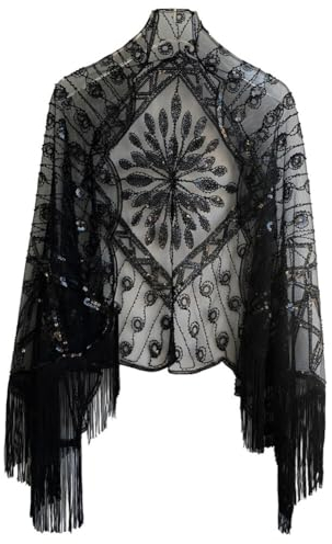 ISAKEN Damen Schals 1920er Jahre Perlen Flapper Lange Pailletten Halstücher Stola Umschlagtücher Hochzeit Braut Party Schal Schulter Bedeckung für Abendkleid 20er Jahre Stil Gatsby Kostüm Accessoires