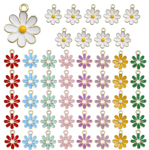 KSJEHW 50 Pièces Émail Fleur Pendentifs Coloré Floral Thème Fleur Charmes Marguerite Fleur de Cerisier Dangle Plaqué Or Émail Charme pour Collier Boucle D'Oreille Bracelet Bijoux